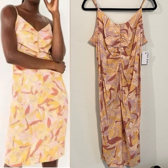 Nine West Women Midi Dress XL Orange Flirty Ruched Bust Floral Contemporary - Picture 1 of 11